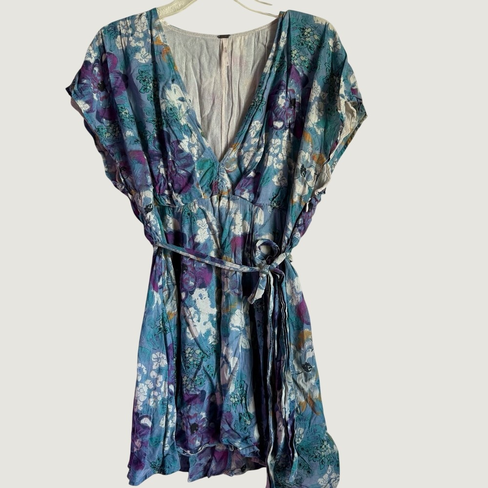 Free People Floral Mini Dress S Boho Gauze V-Neck Tie Waist Blue Purple
